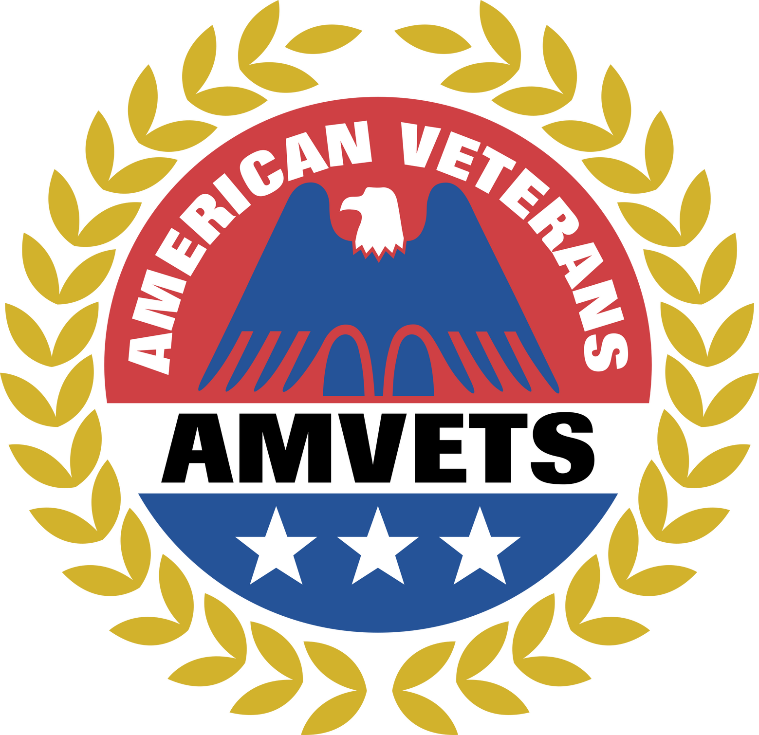 The logo of the AmVets organization. Red top of with a blue and white eagle under the title American Veterans and above the words AmVets then 3 white stars in the bottom of the circle in blue. All surrounded by a circle of gold leaves to sort of look like